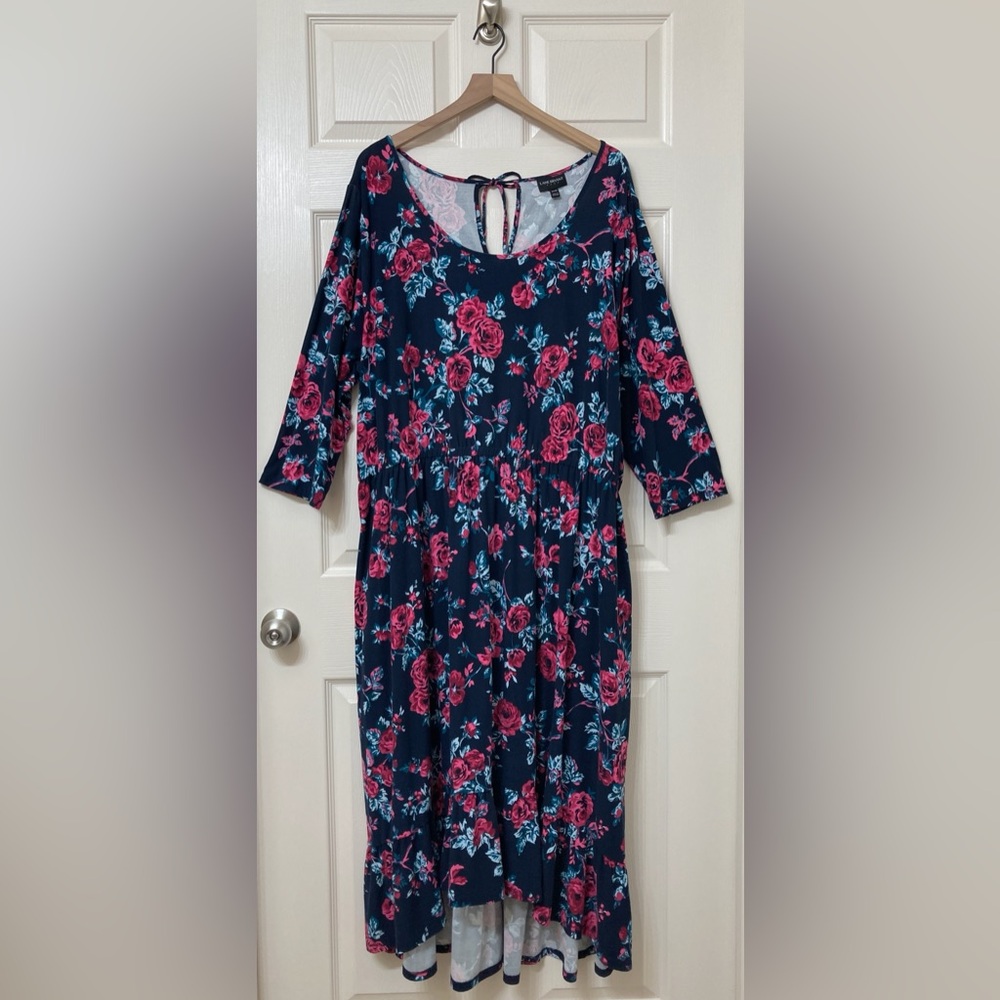 Lane Bryant Women’s Navy Floral 3/4 Sleeve Tiered A-line Midi Dress Size 26 4X